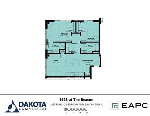 Floor plan for 2 beds, 2 baths, 965 sqft